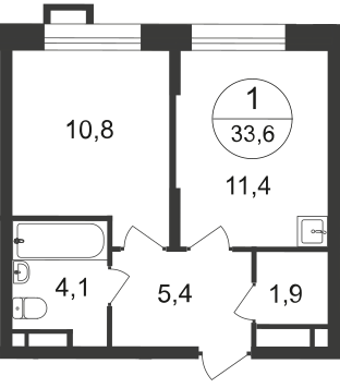 1-х комн. кв., 33 м²