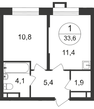 1-х комн. кв., 33 м²