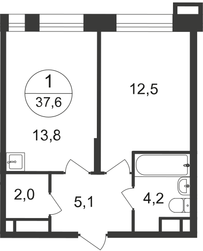 1-х комн. кв., 37 м²