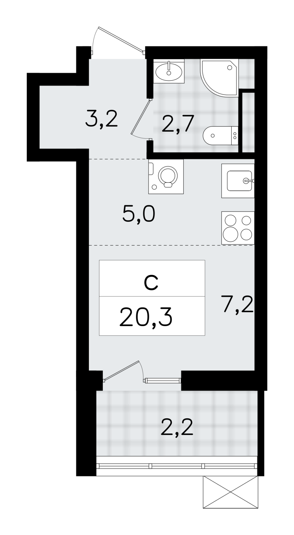 1-х комн. кв., 20.6 м²