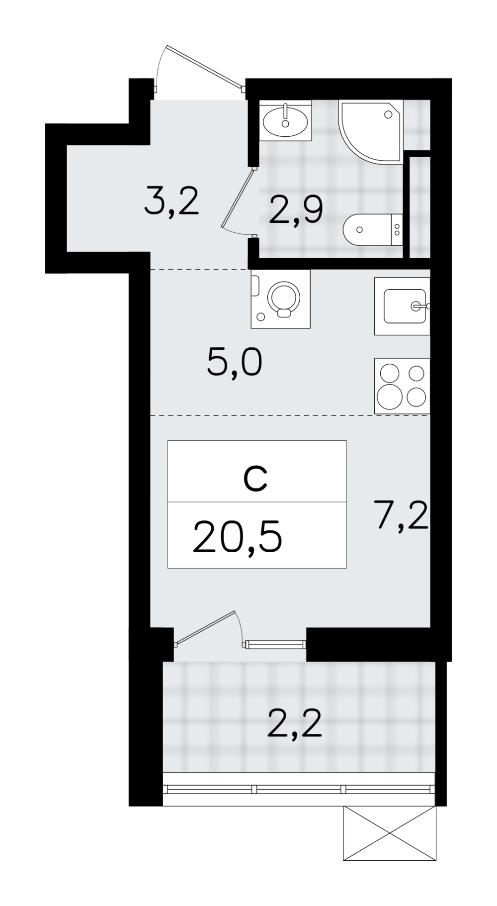 1-х комн. кв., 20.6 м²