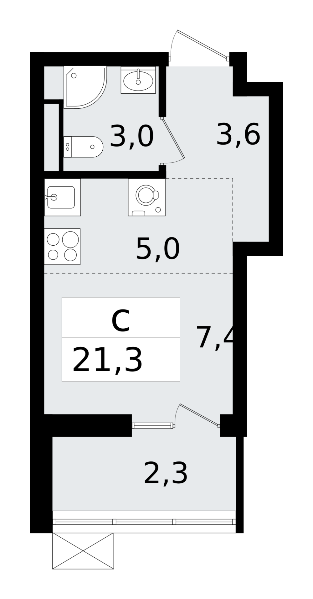 1-х комн. кв., 21.2 м²