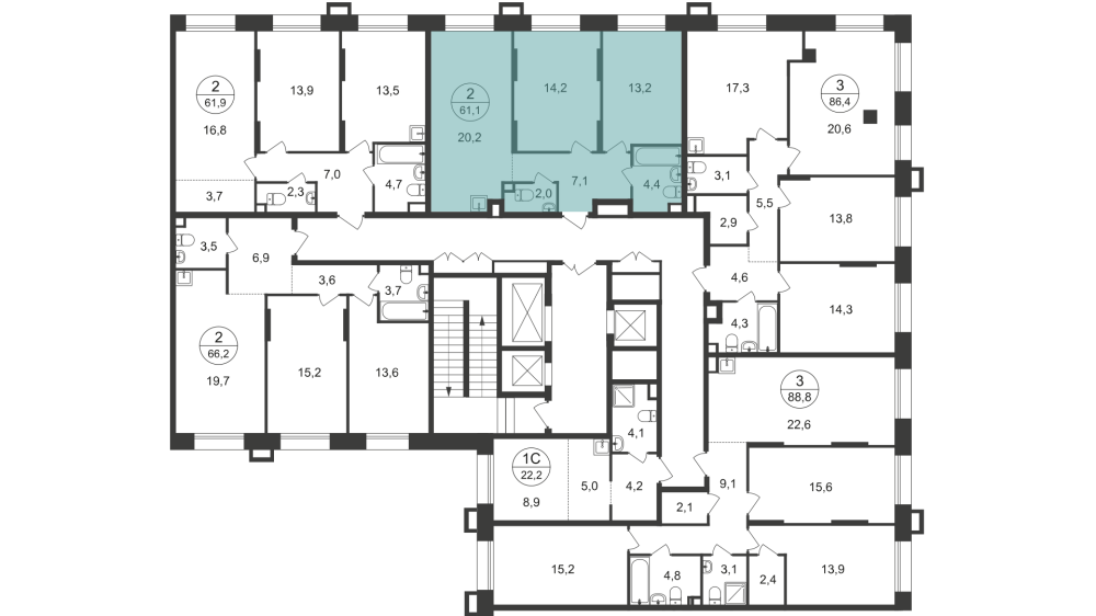2-х комн. кв., 61 м²