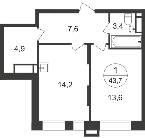 1-х комн. кв., 43 м²