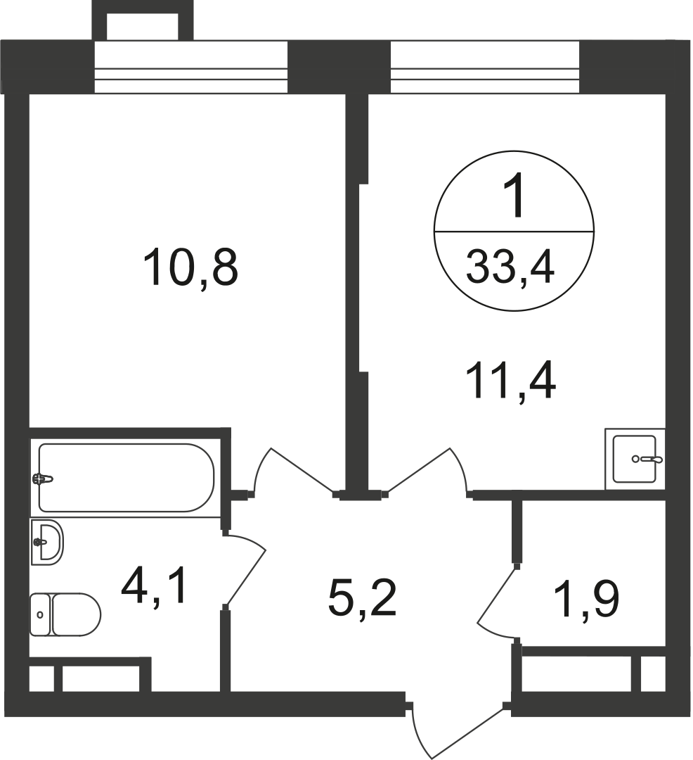 1-х комн. кв., 33 м²