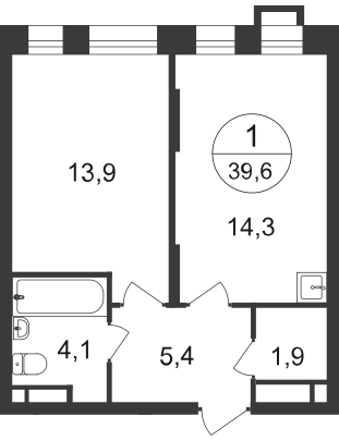 1-х комн. кв., 39 м²