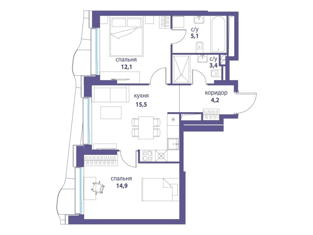 2-х комн. кв., 55.2 м²