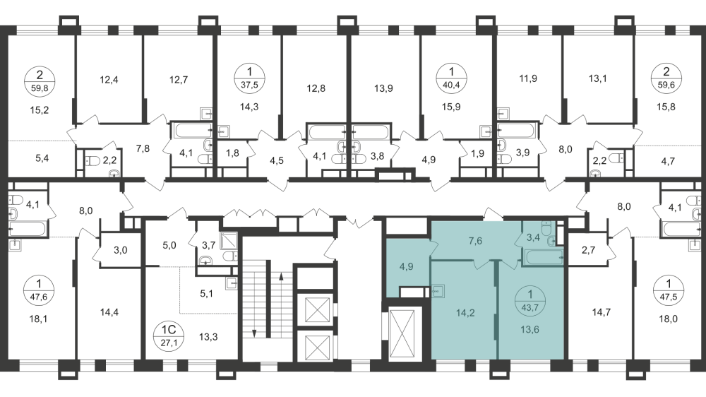 1-х комн. кв., 43 м²