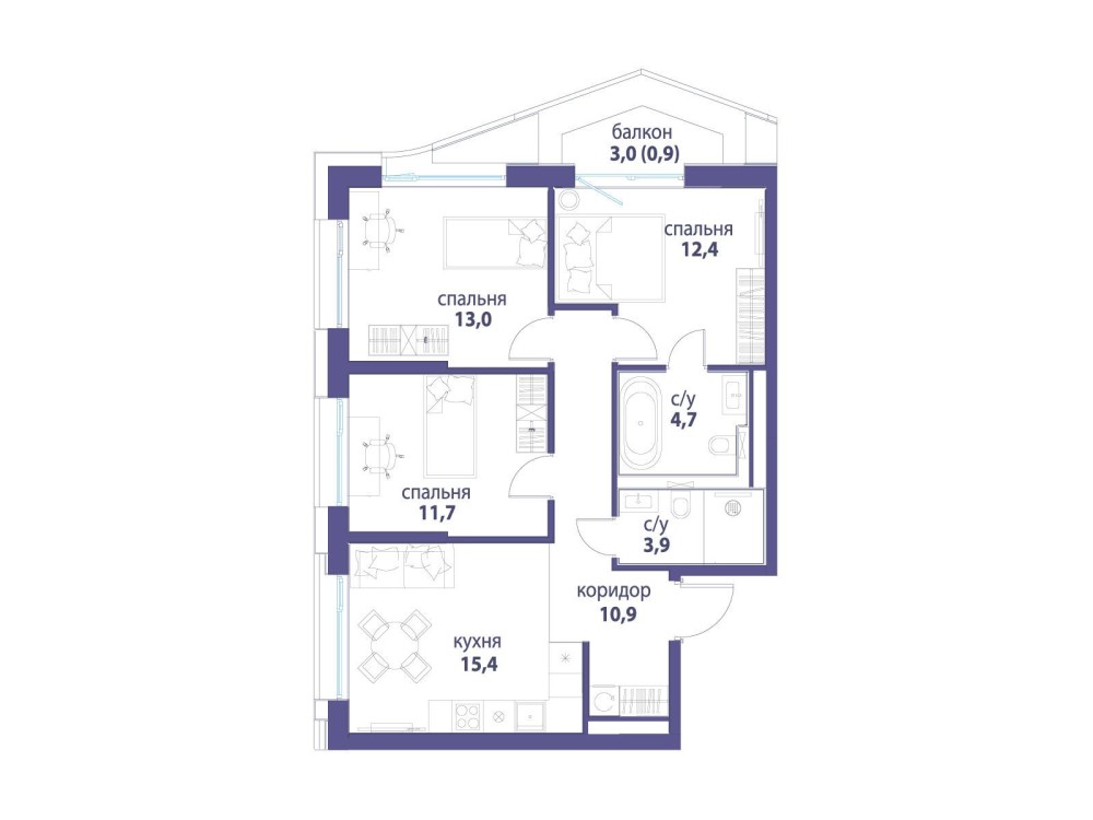 3-х комн. кв., 72.9 м²