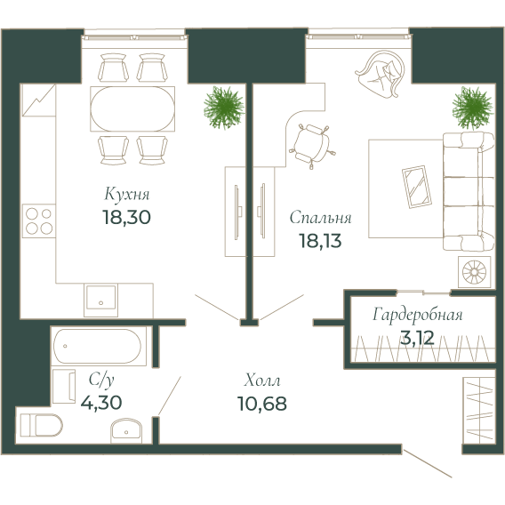 1-х комн. кв., 58.1 м²