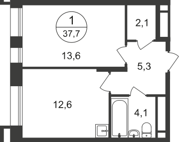 1-х комн. кв., 37 м²