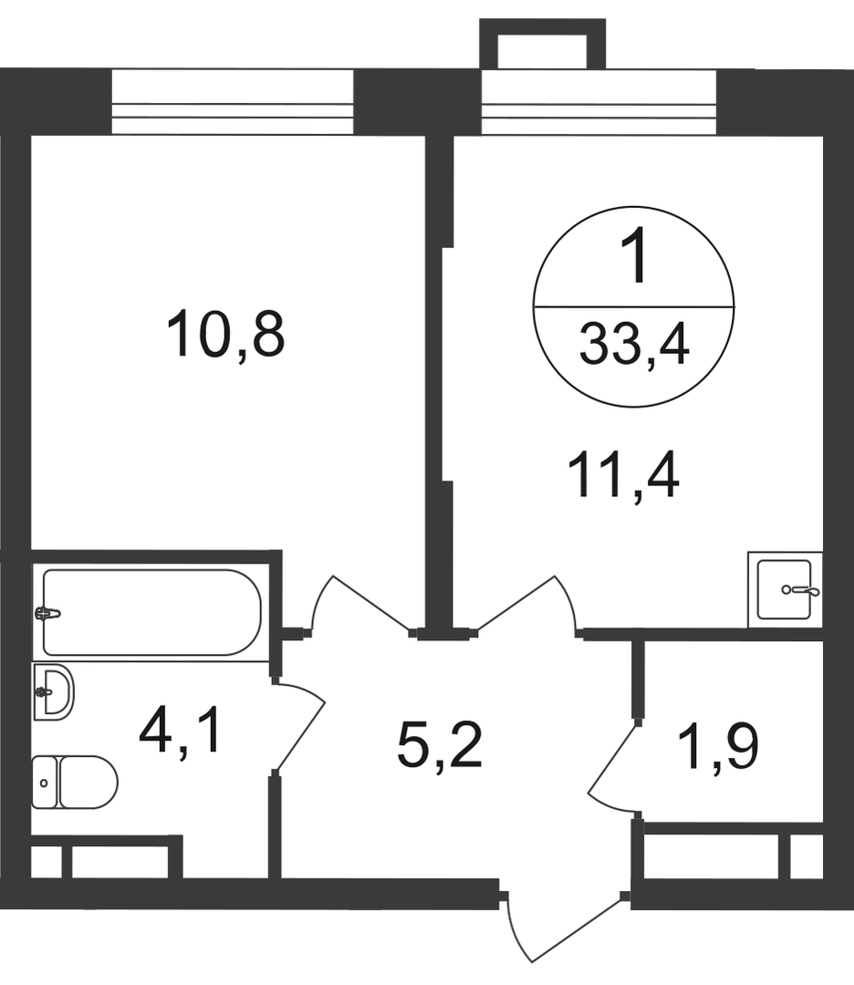 1-х комн. кв., 33 м²
