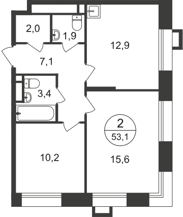 2-х комн. кв., 53 м²