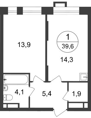 1-х комн. кв., 39 м²