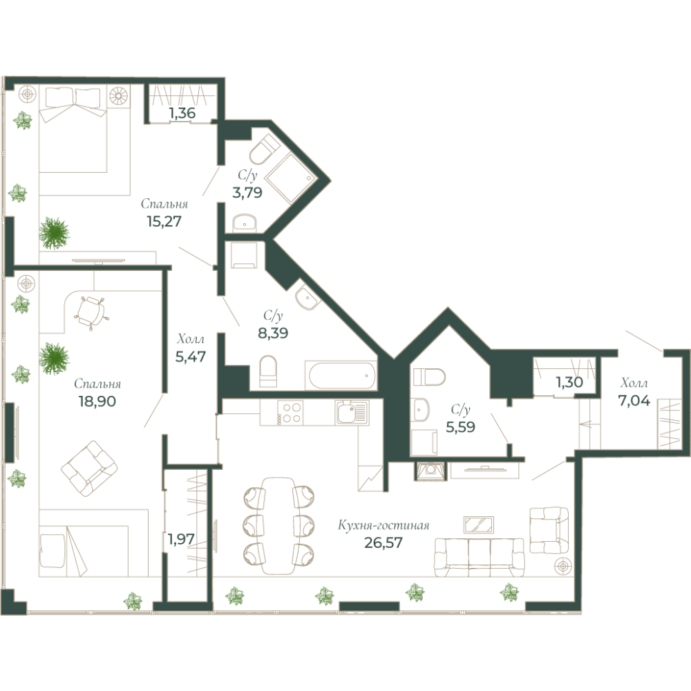 2-х комн. кв., 106.3 м²