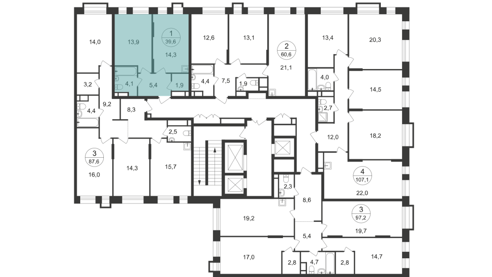 1-х комн. кв., 39 м²