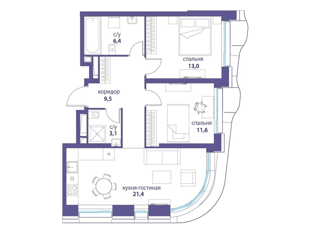 2-х комн. кв., 65 м²