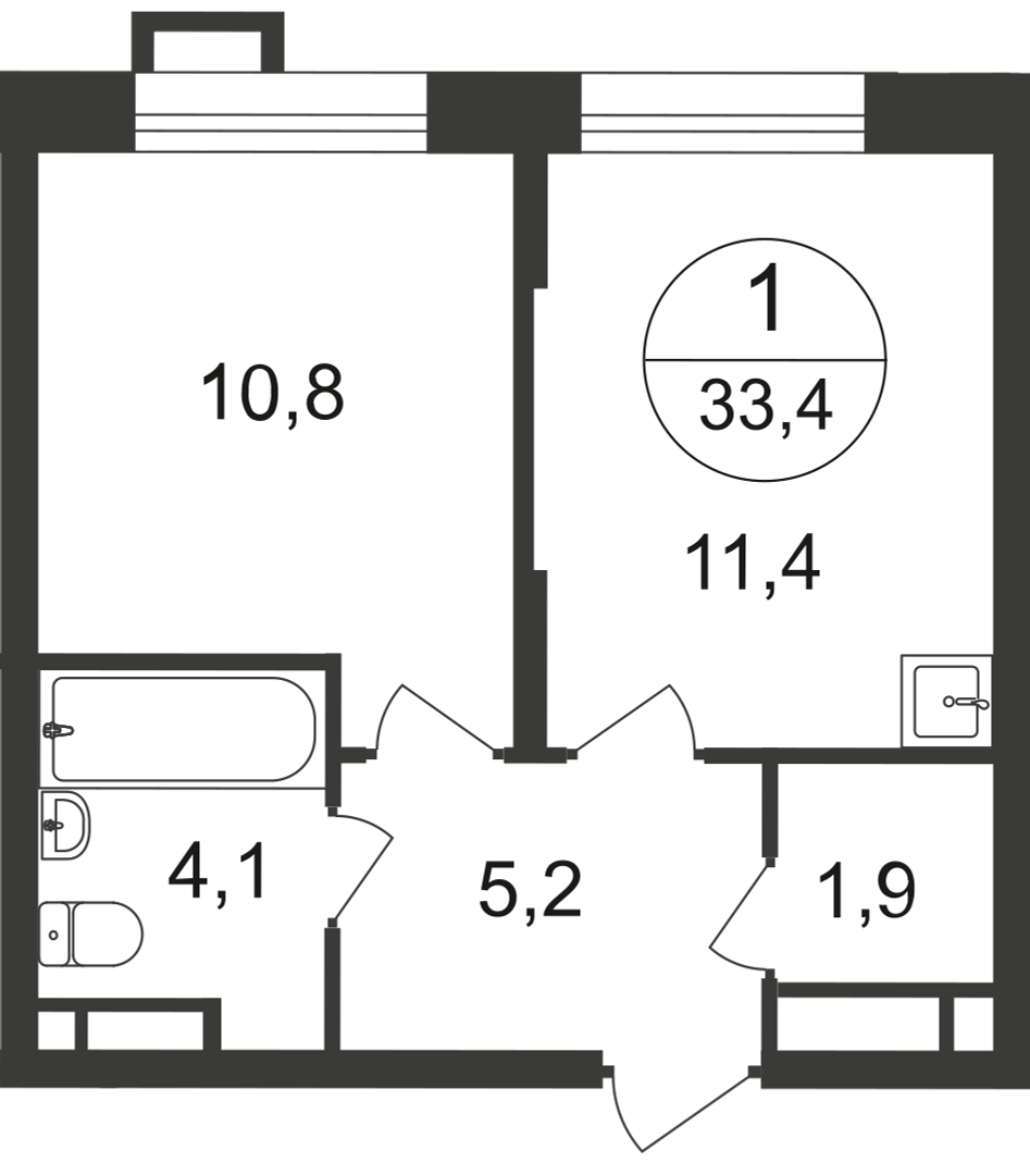 1-х комн. кв., 33 м²