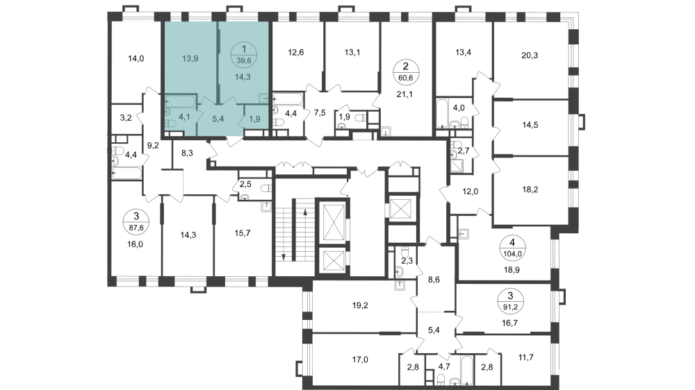 1-х комн. кв., 39 м²