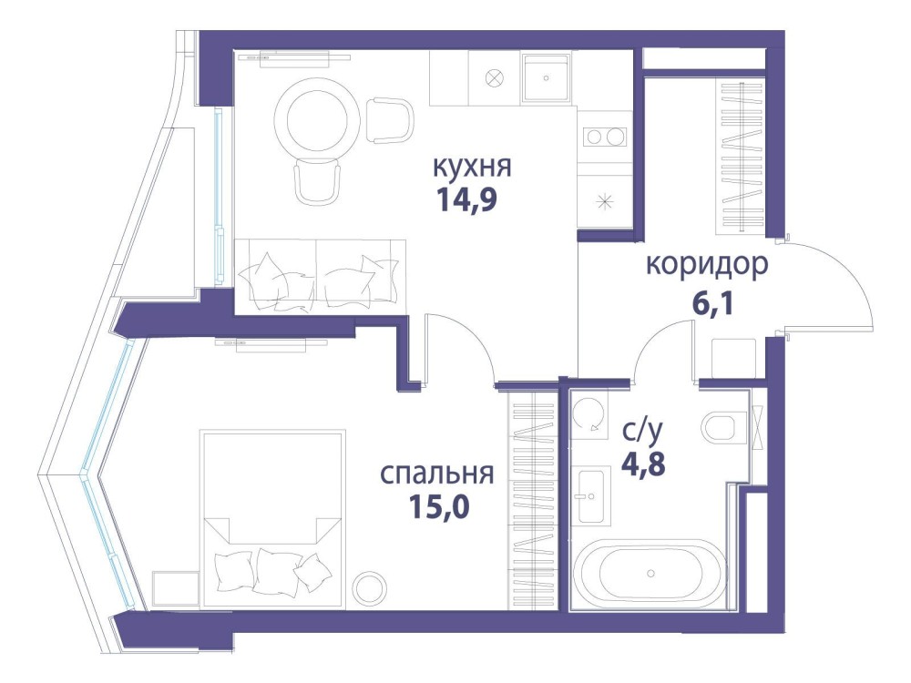 1-х комн. кв., 40.8 м²