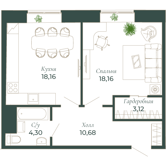 1-х комн. кв., 58.3 м²