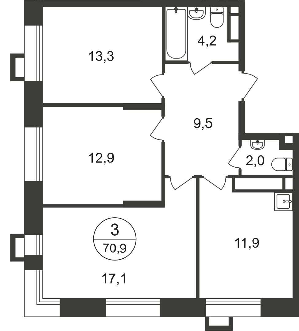 3-х комн. кв., 70 м²