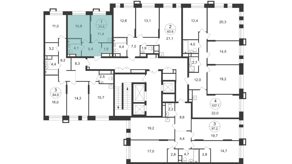 1-х комн. кв., 33 м²