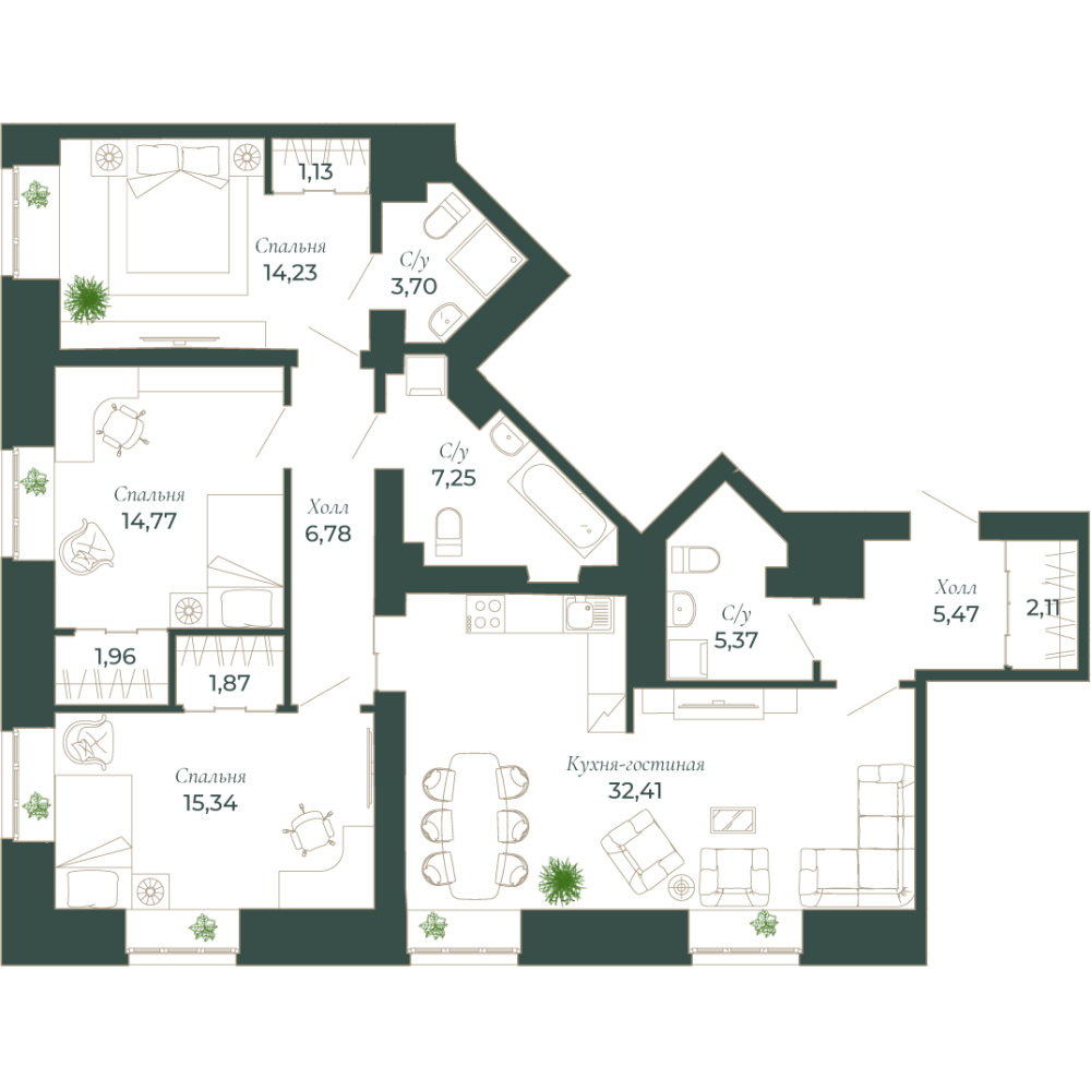 3-х комн. кв., 119 м²