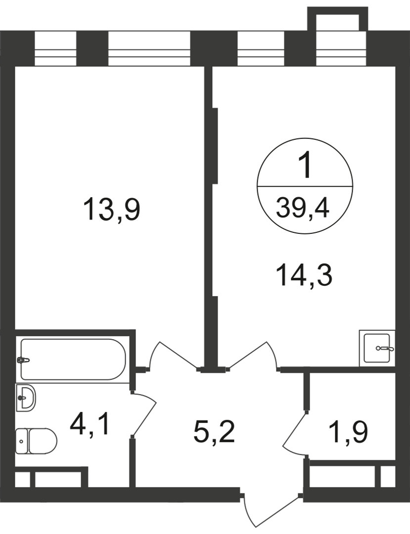 1-х комн. кв., 39 м²