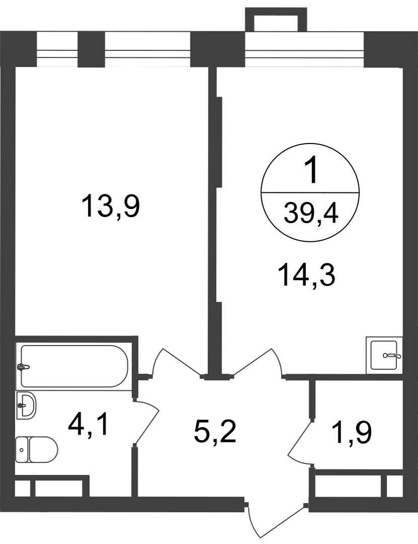 1-х комн. кв., 39 м²