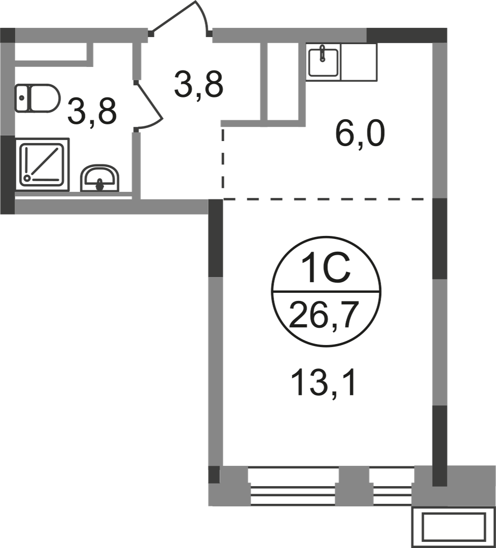 Студия, 26 м²